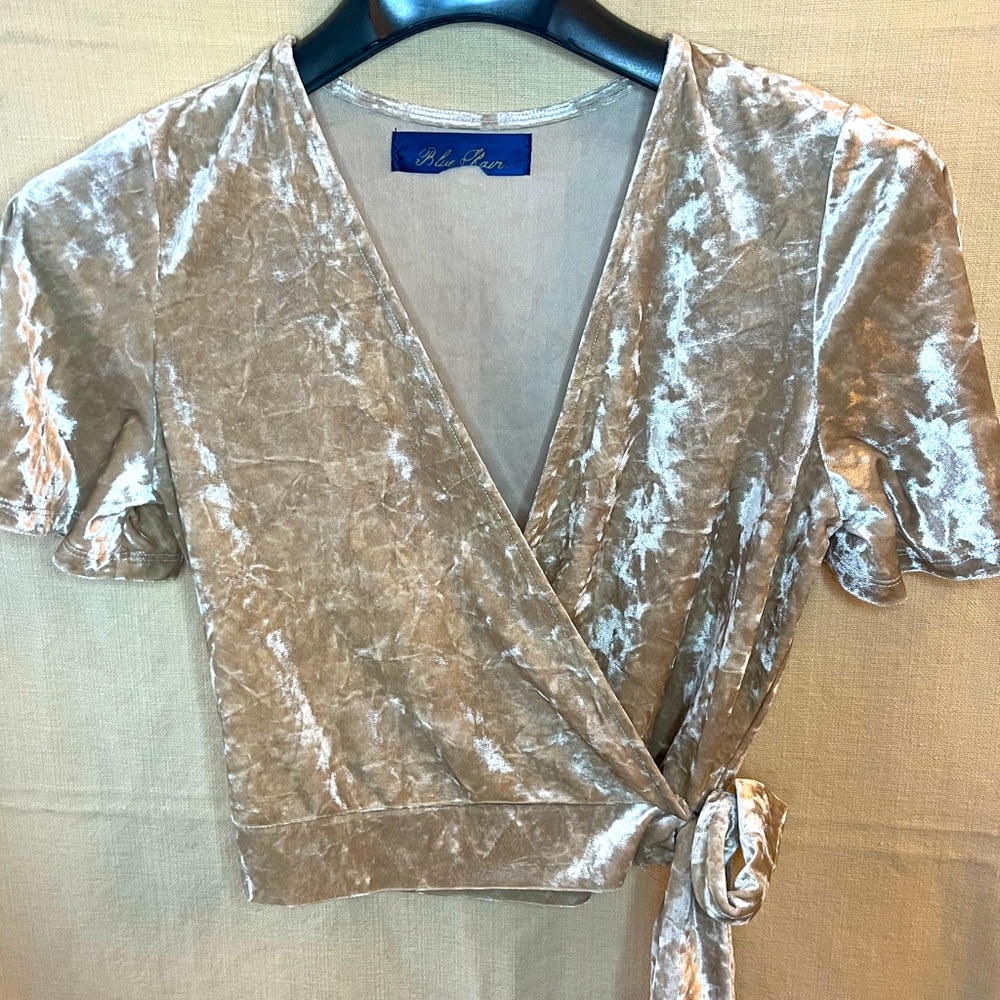 Crushed Velvet Faux Wrap Top Champagne Cream top Bell short sleeves BOW tie S
